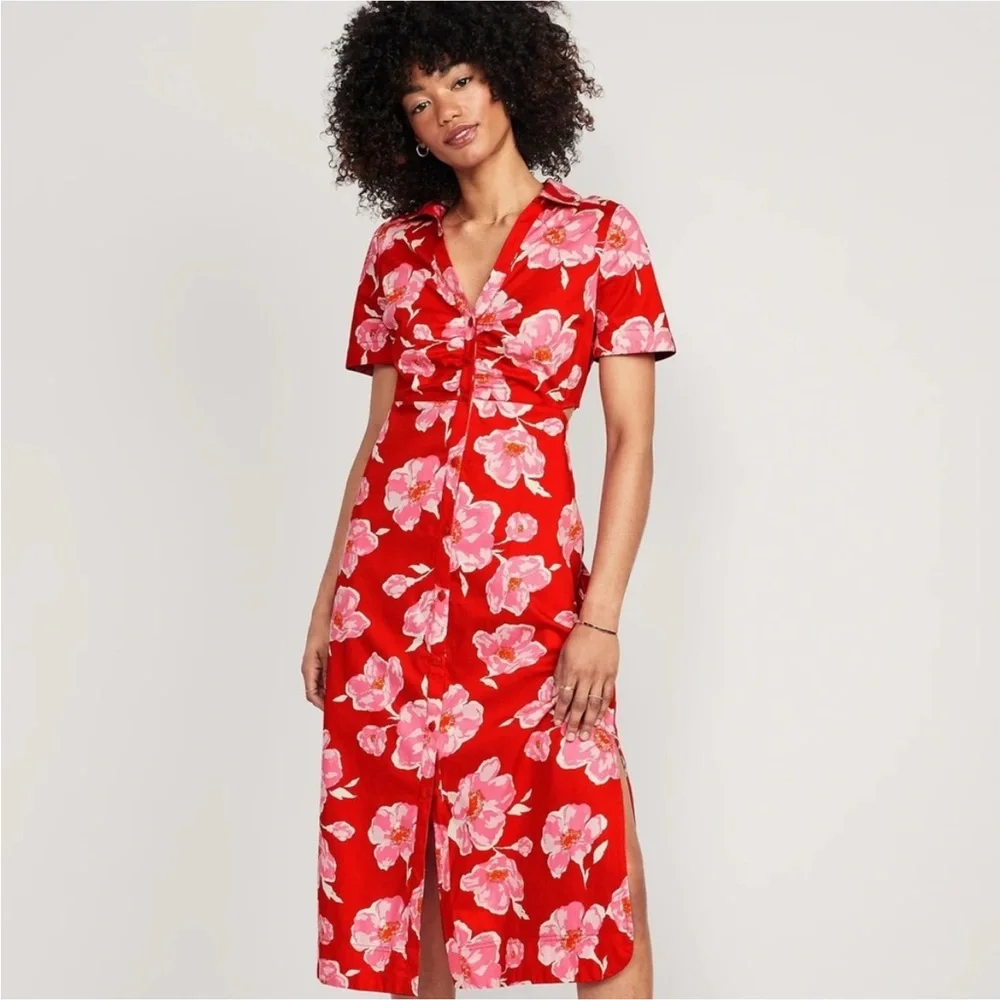 Old Navy Dress Women’s Medium Cutout Midi Shirt Dress Button Up Pink Red Floral. - Picture 2 of 7